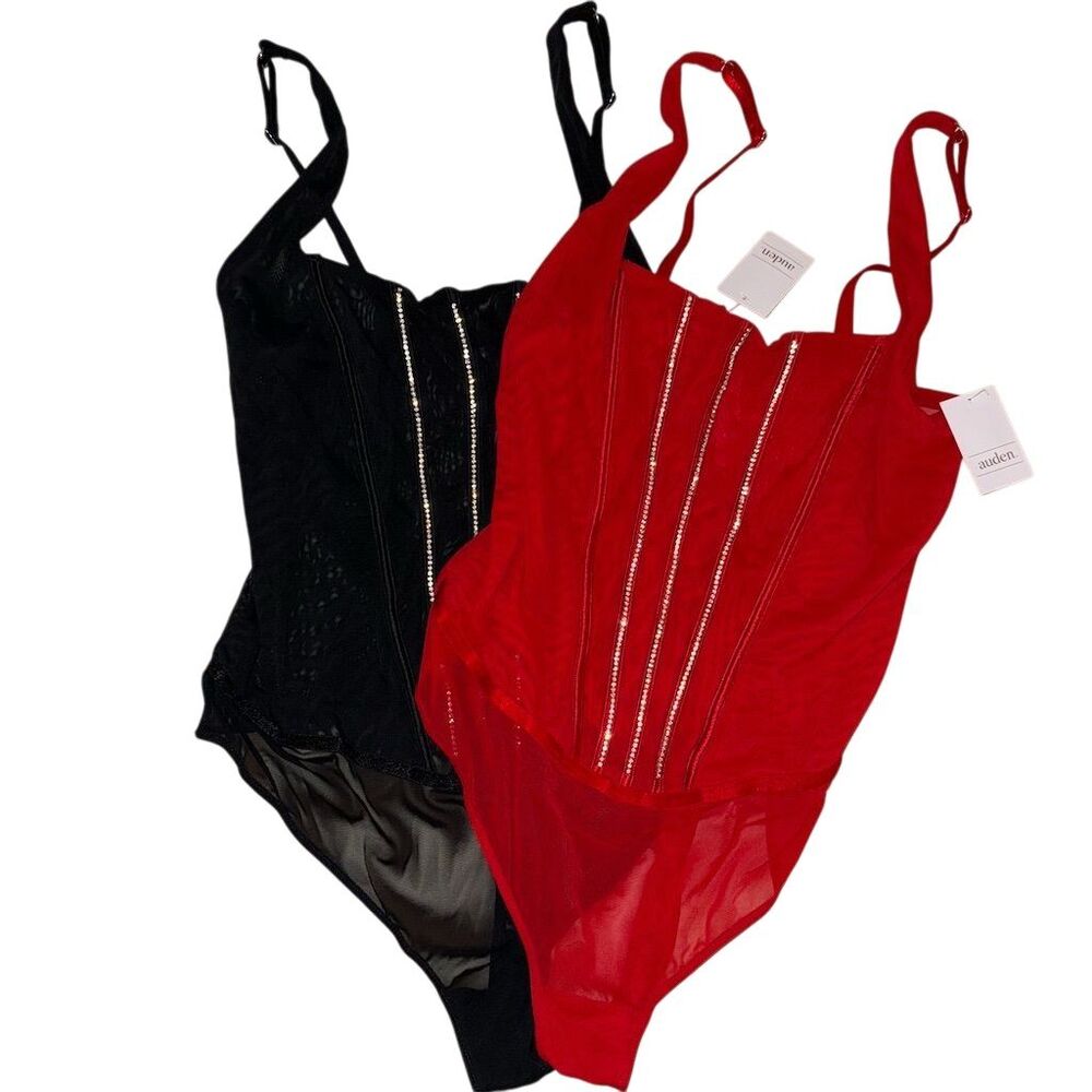 Auden Women's BUNDLE Rhinestone Mesh Bodysuit Black Red Size‎ M Glamorous